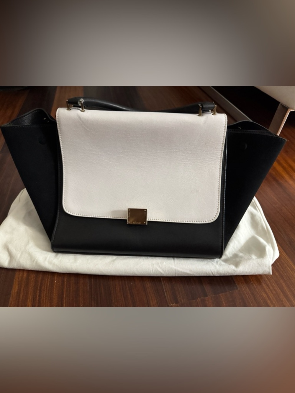 Celine Two-Tone Black and White Leather Shoulder Bag with Gold Hardware